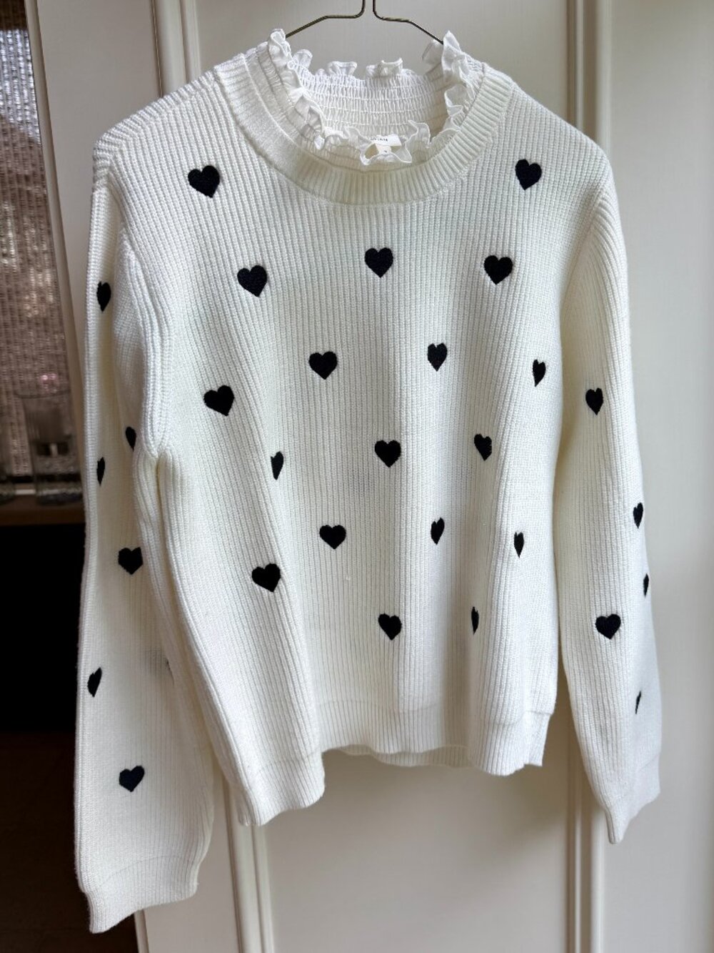 Anthropologie Ruffled Collar Heart Sweater in Classic Black and White - Picture 9 of 13